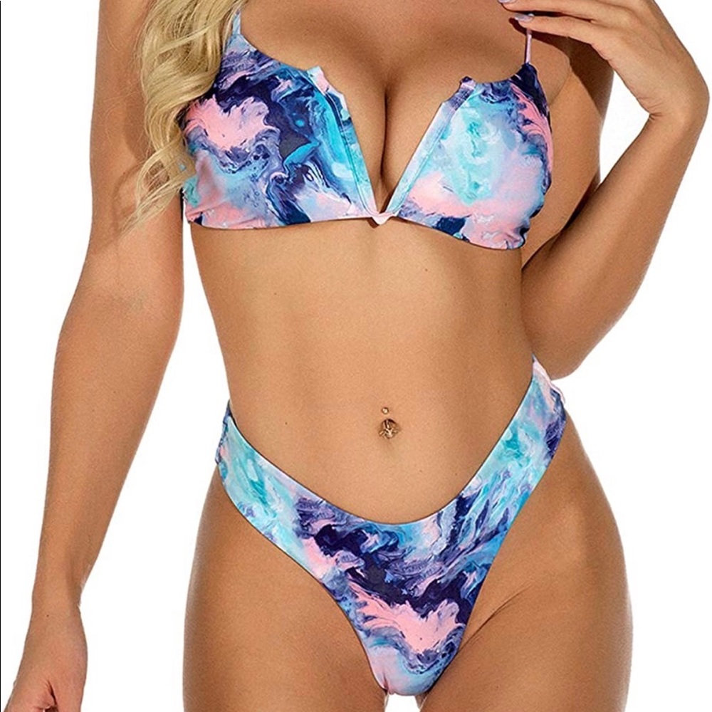 Women's V-Wired High Cut Cami Bikini Spaghetti Straps Two Piece Swimsuit